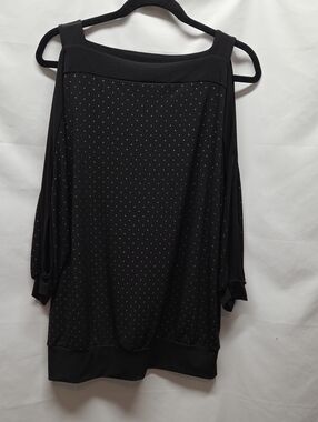 Chico's Black Cold Shoulder Blouse with Tiny Silver Beaded Dot Accent Mature